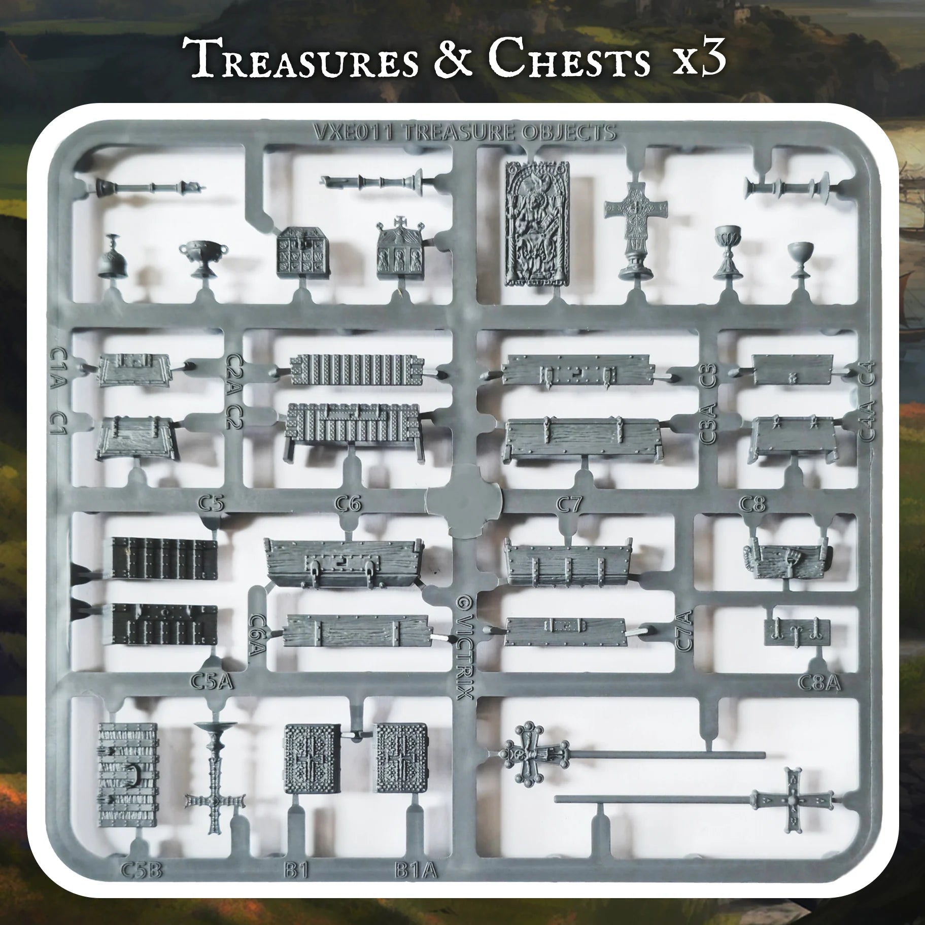 Full plastic sprue for Victrix 28mm Treasures and Chests showing high-detail artifacts