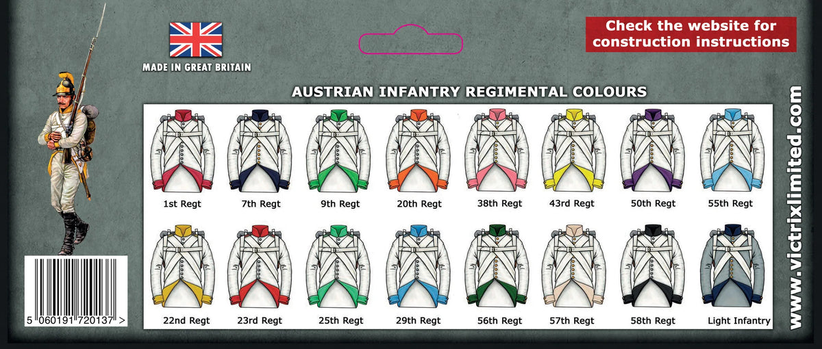Back of header card showing Austrian infantry regimental facing colours and uniform guide