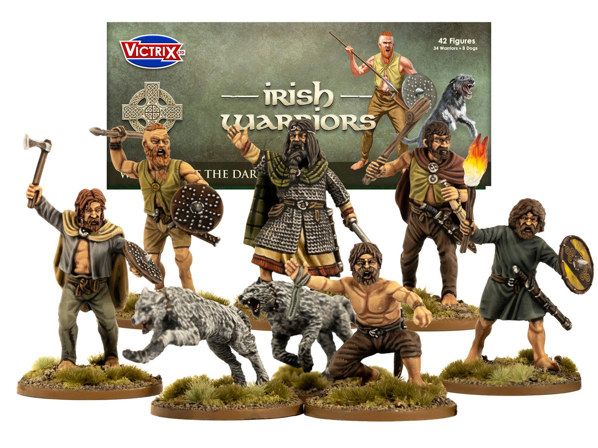 Victrix Limited 28mm Dark Age Irish Warriors and Dogs retail packaging with painted miniatures 