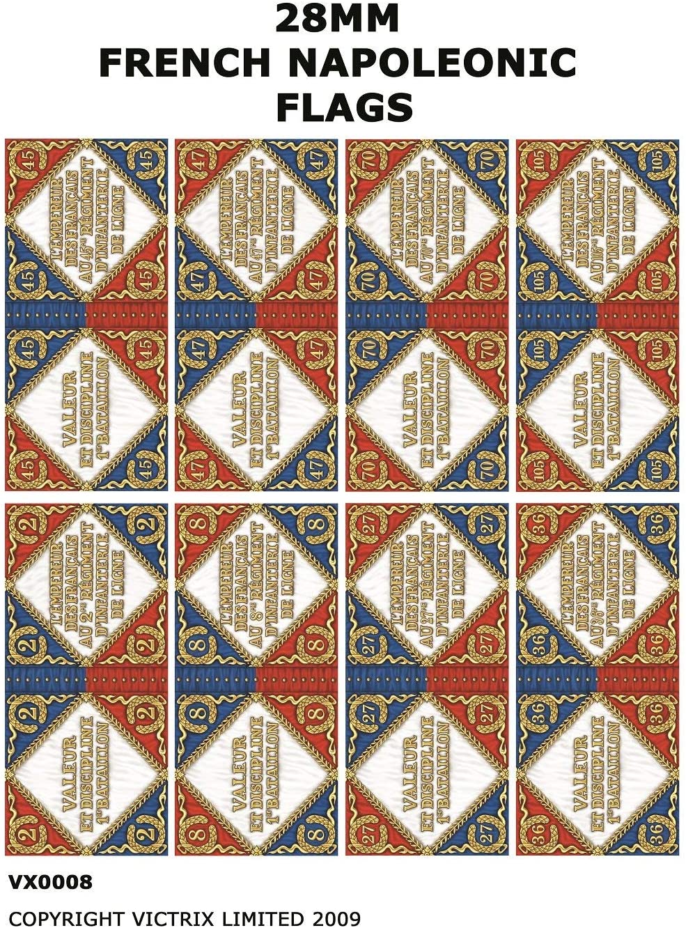 Full color sheet of eight 1804 pattern French Napoleonic regimental flags for 28mm infantry models