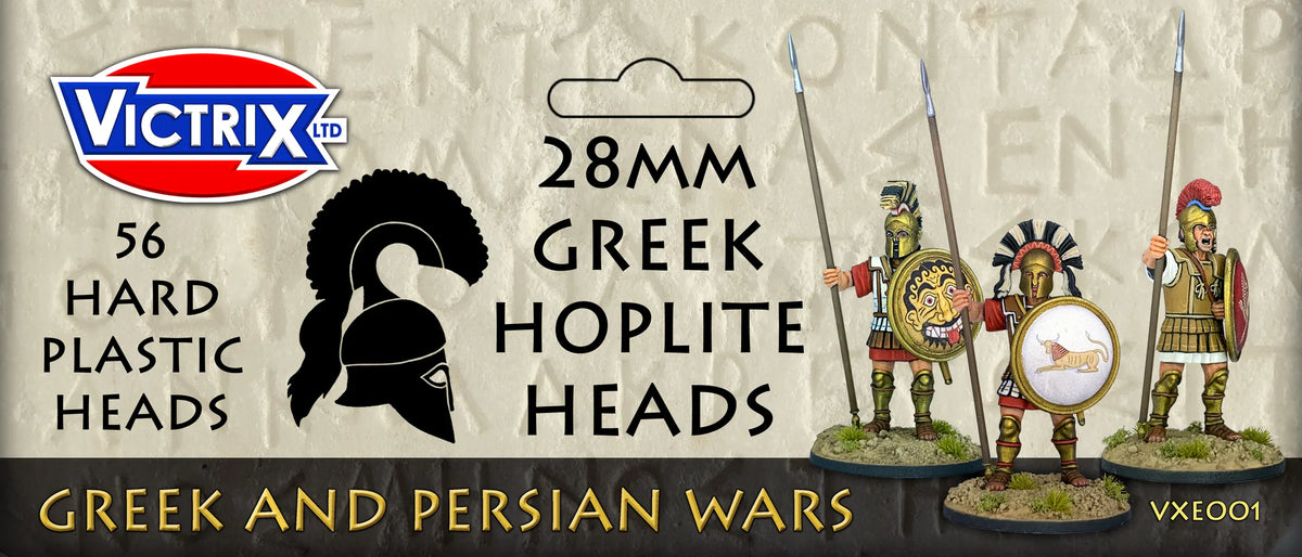 Victrix Limited 28mm Greek Hoplite Heads retail header card art with painted hoplites 