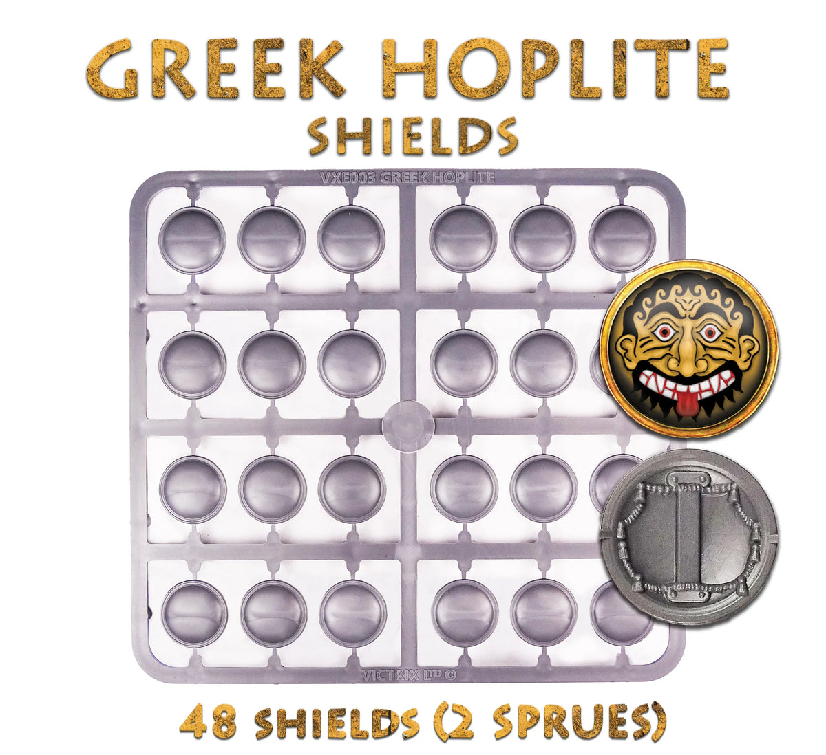 Victrix Limited 28mm Greek Hoplite Shields plastic sprue with reverse detail and gorgon transfer 