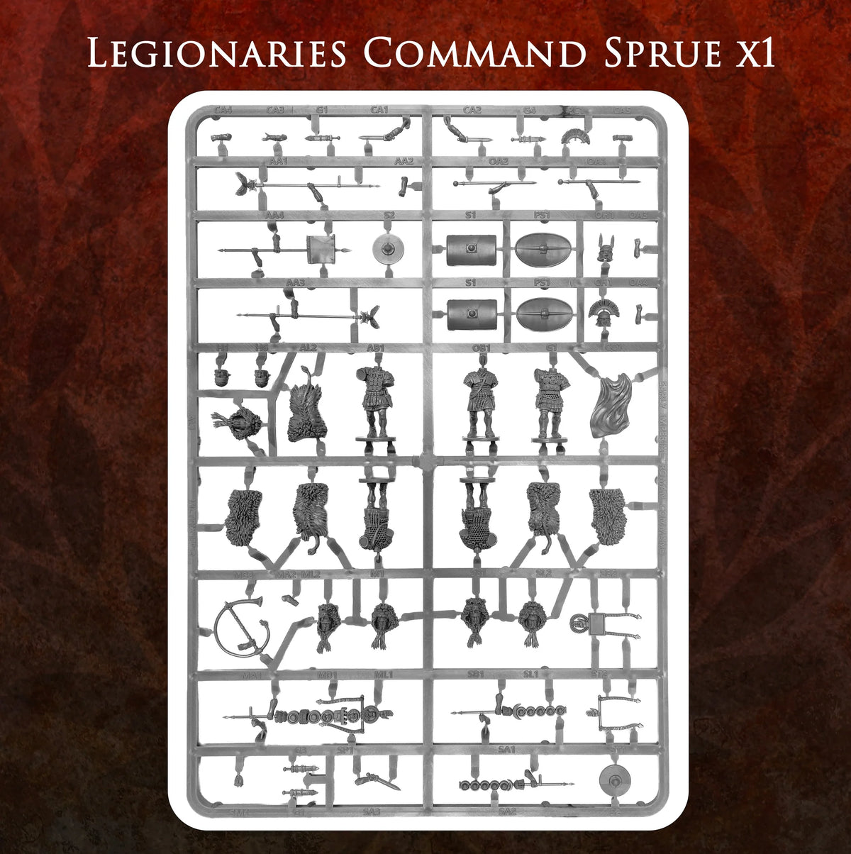 Gray plastic sprue showing Victrix 28mm Imperial Roman command components standards and armor 