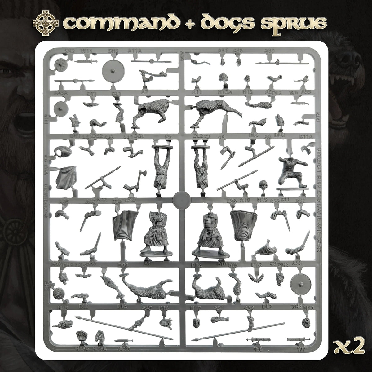 Unpainted gray plastic sprue showing Victrix 28mm Irish command armored chieftains and wolfhound components 