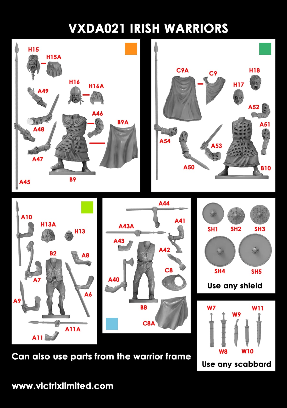 Assembly instruction sheet showing parts identification for Victrix Irish armored chieftains and warriors 