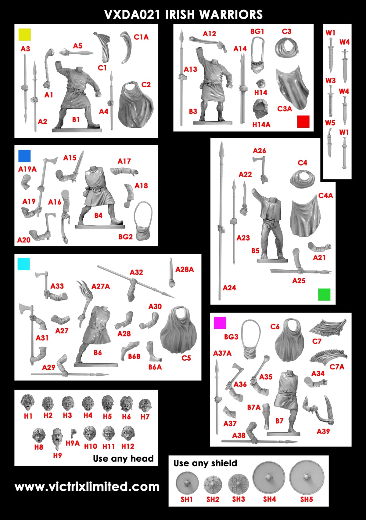 Detailed parts breakdown guide for assembling Victrix 28mm Irish unarmoured warriors and weapons 