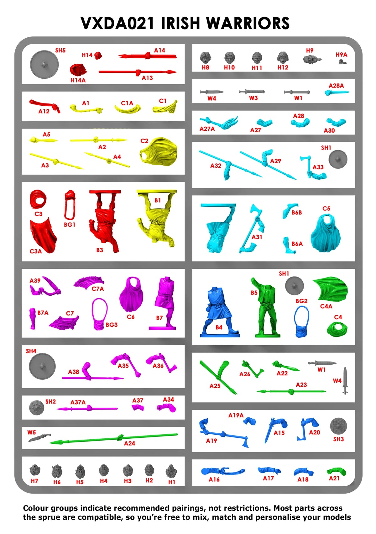 Assembly instruction diagram showing color-coded part pairings for Victrix Dark Age Irish warriors 