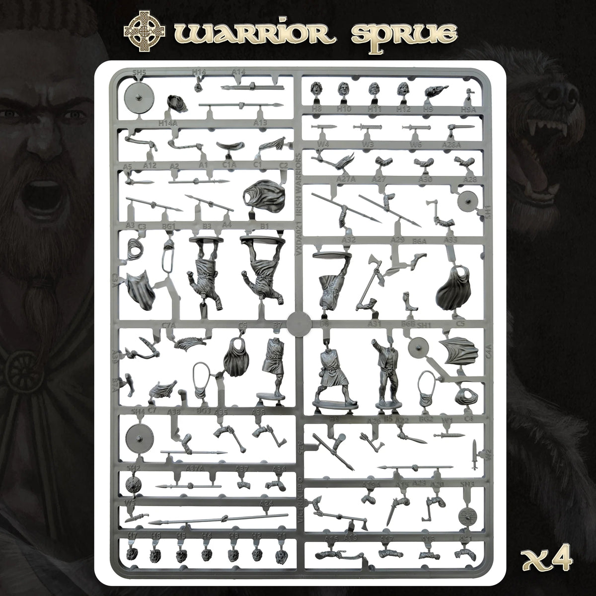 Unpainted gray plastic sprue showing modular bodies heads shields and weapons for Irish warriors 