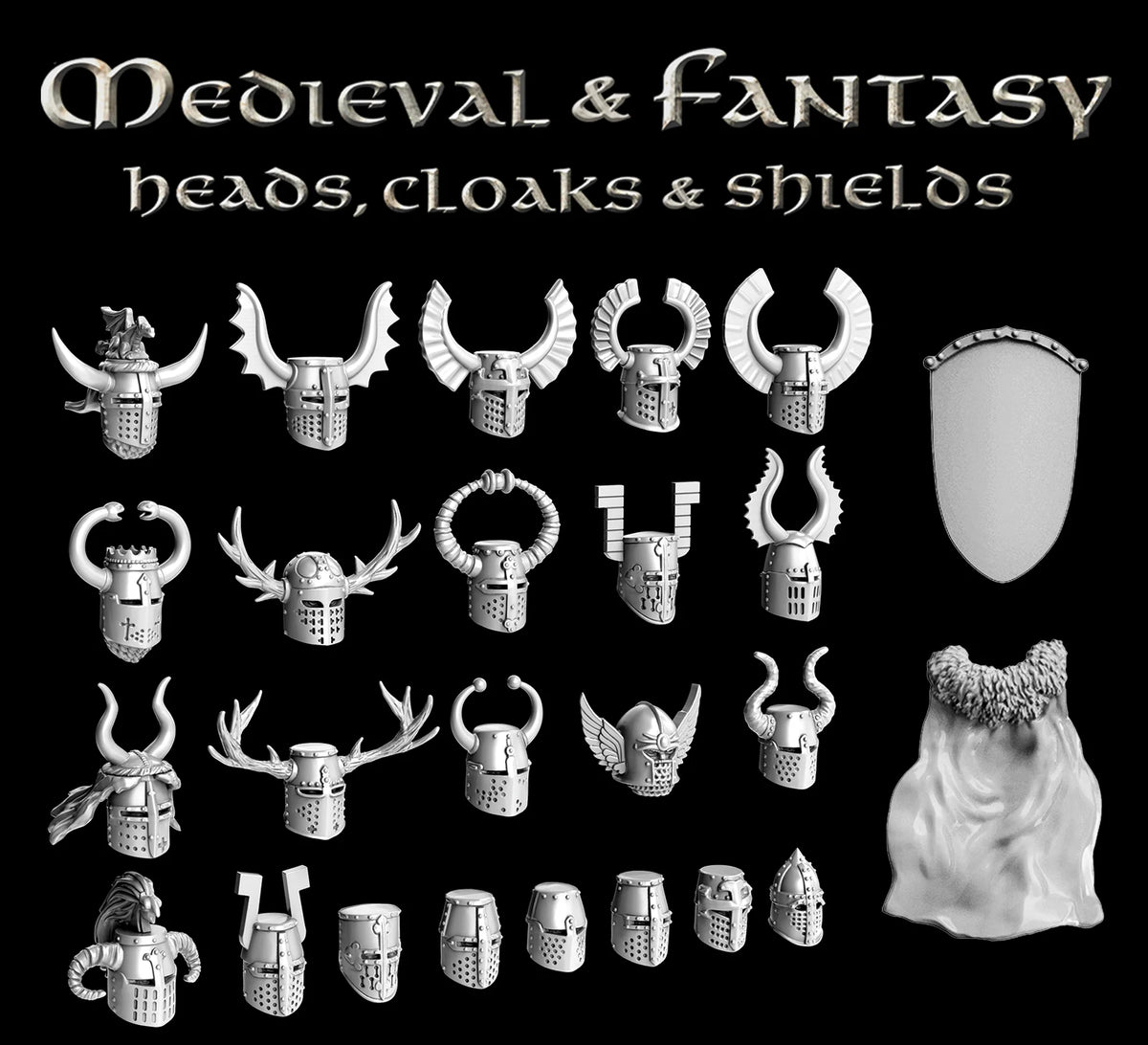 Digital render lineup of Victrix 28mm Great Helms winged crests heater shield and fur cloak 