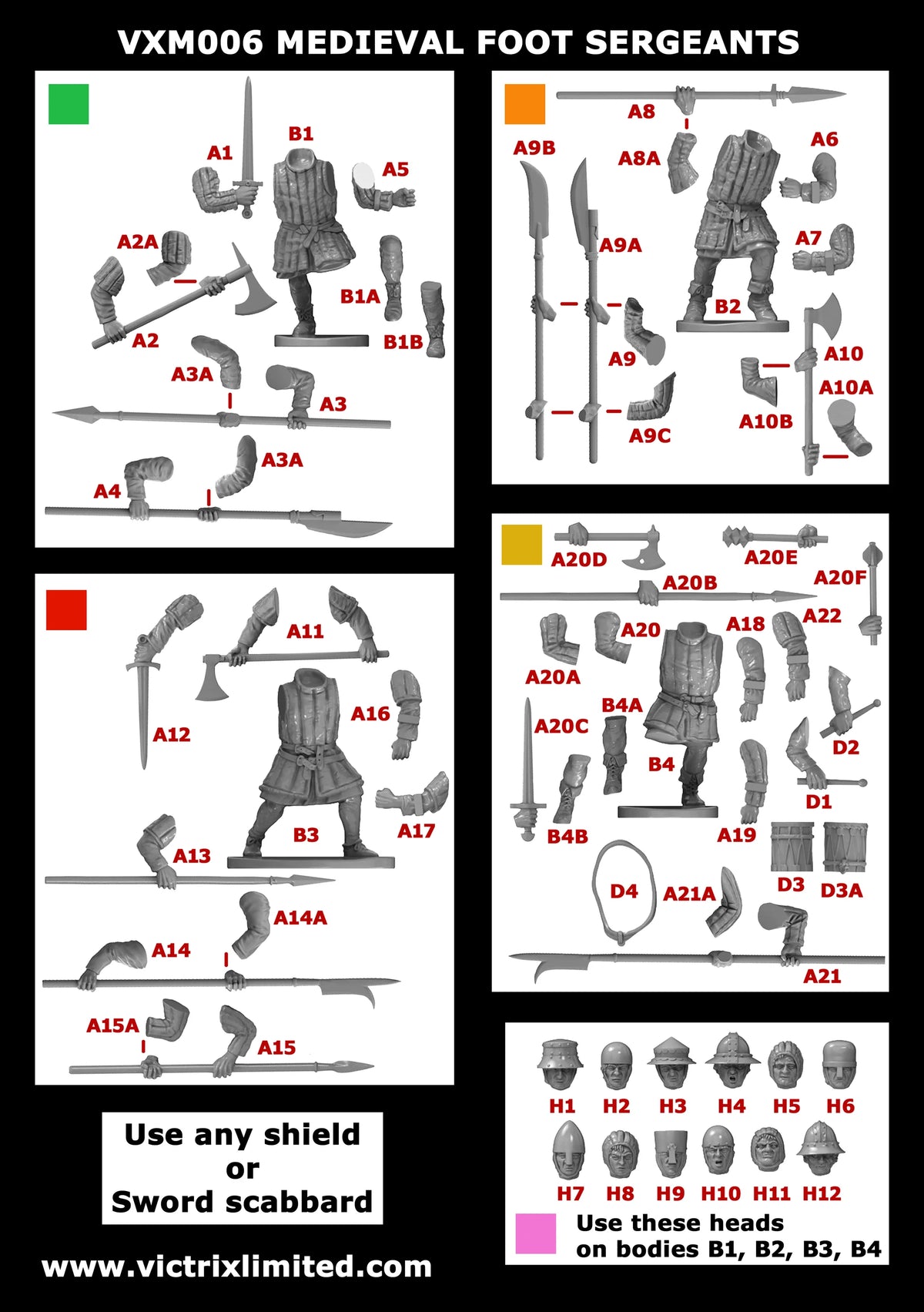 Assembly instructions diagram showing torso bodies weapon arms heads and drums for medieval foot sergeants 