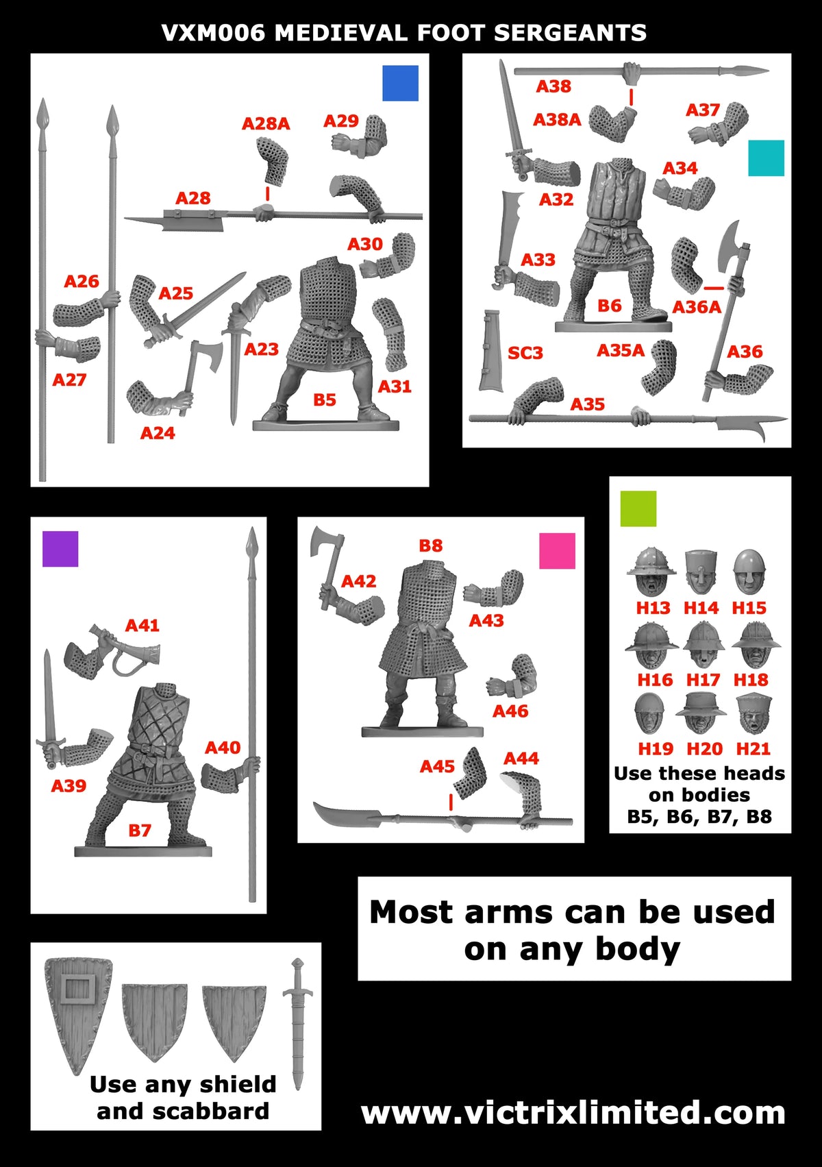 Second assembly instruction diagram displaying mail armored bodies polearms axes and heater shields 
