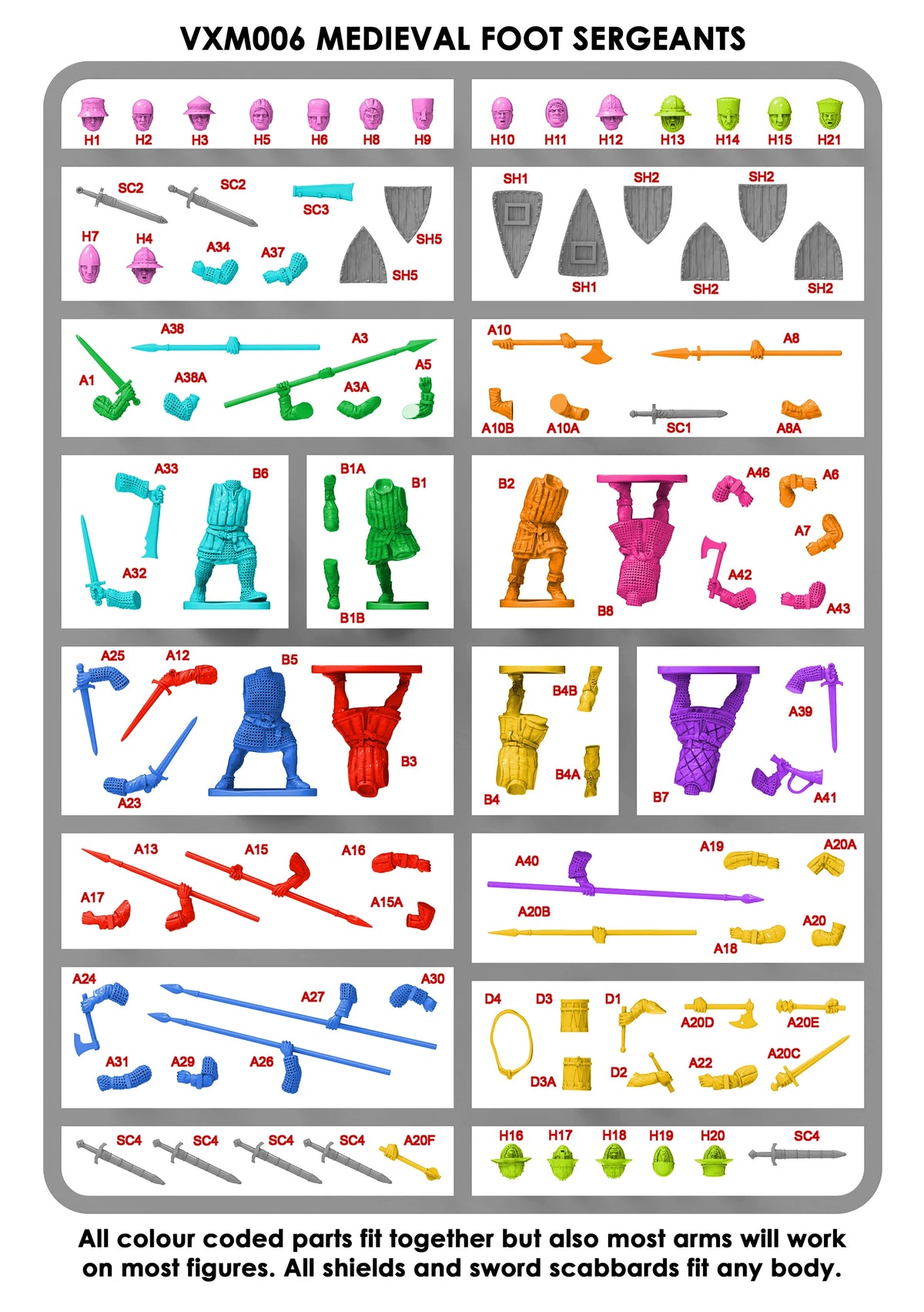 Color-coded sprue diagram indicating matching body components arms and headwear for Victrix foot sergeants 