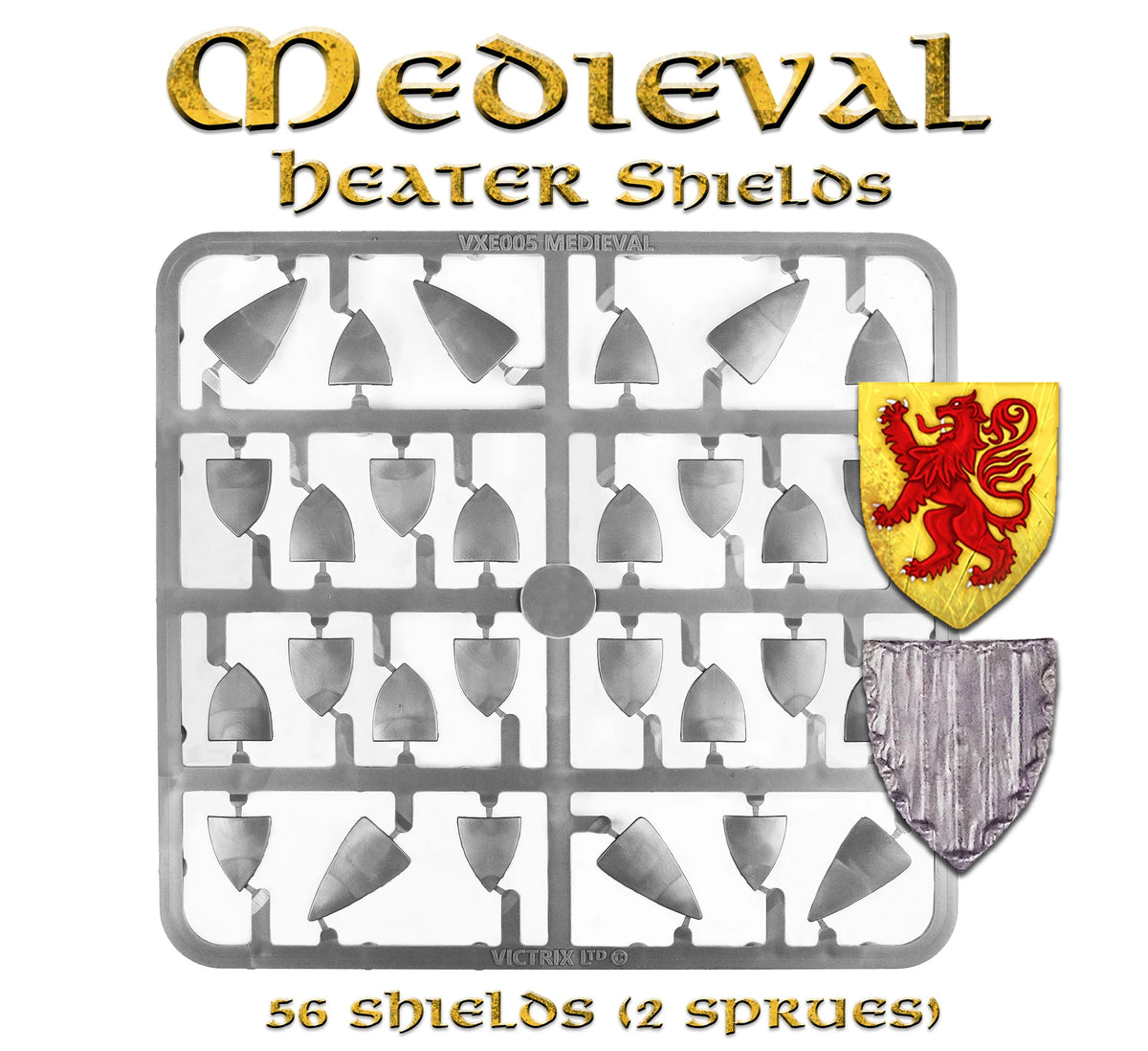 Victrix Limited 28mm Medieval Heater Shields plastic sprue with wood grain and rampant lion decal 