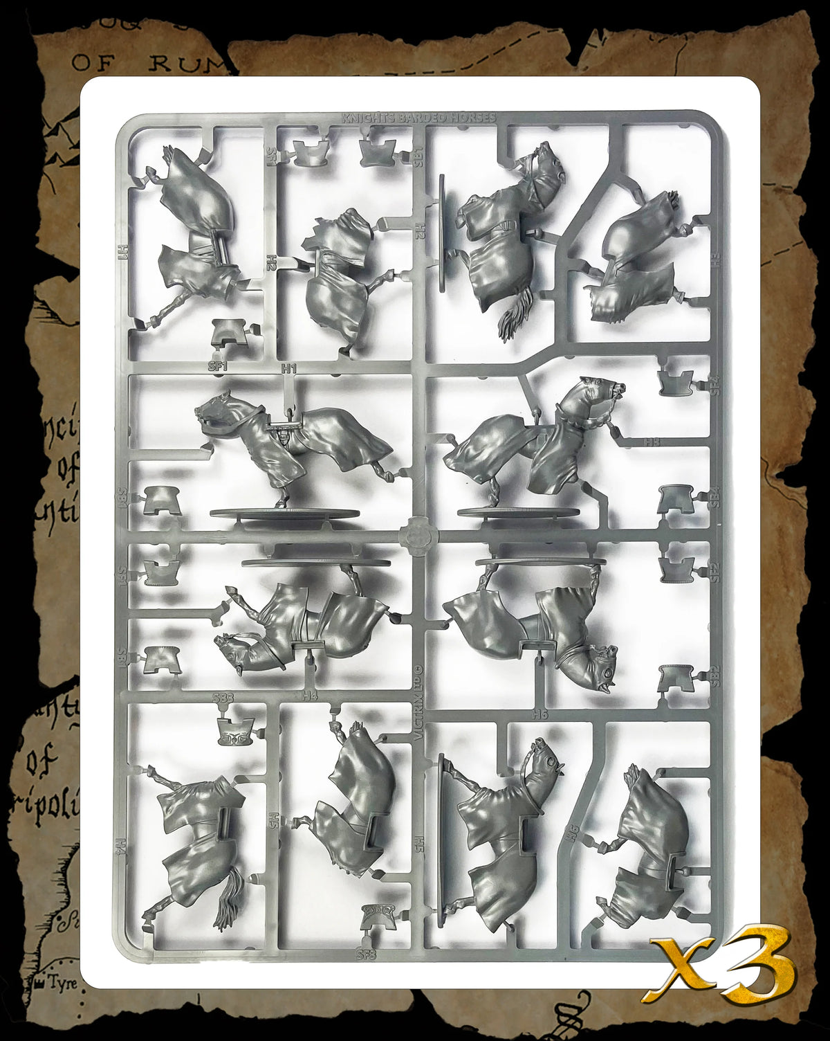 Gray plastic sprue layout showing Victrix 28mm barded horse bodies caparisons and modular saddle parts 