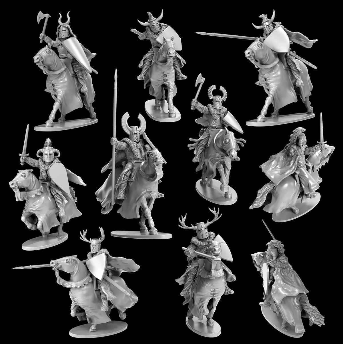 Eleven assembled Victrix 28mm mounted knight models showing conversions with fantasy heads and cloaks 