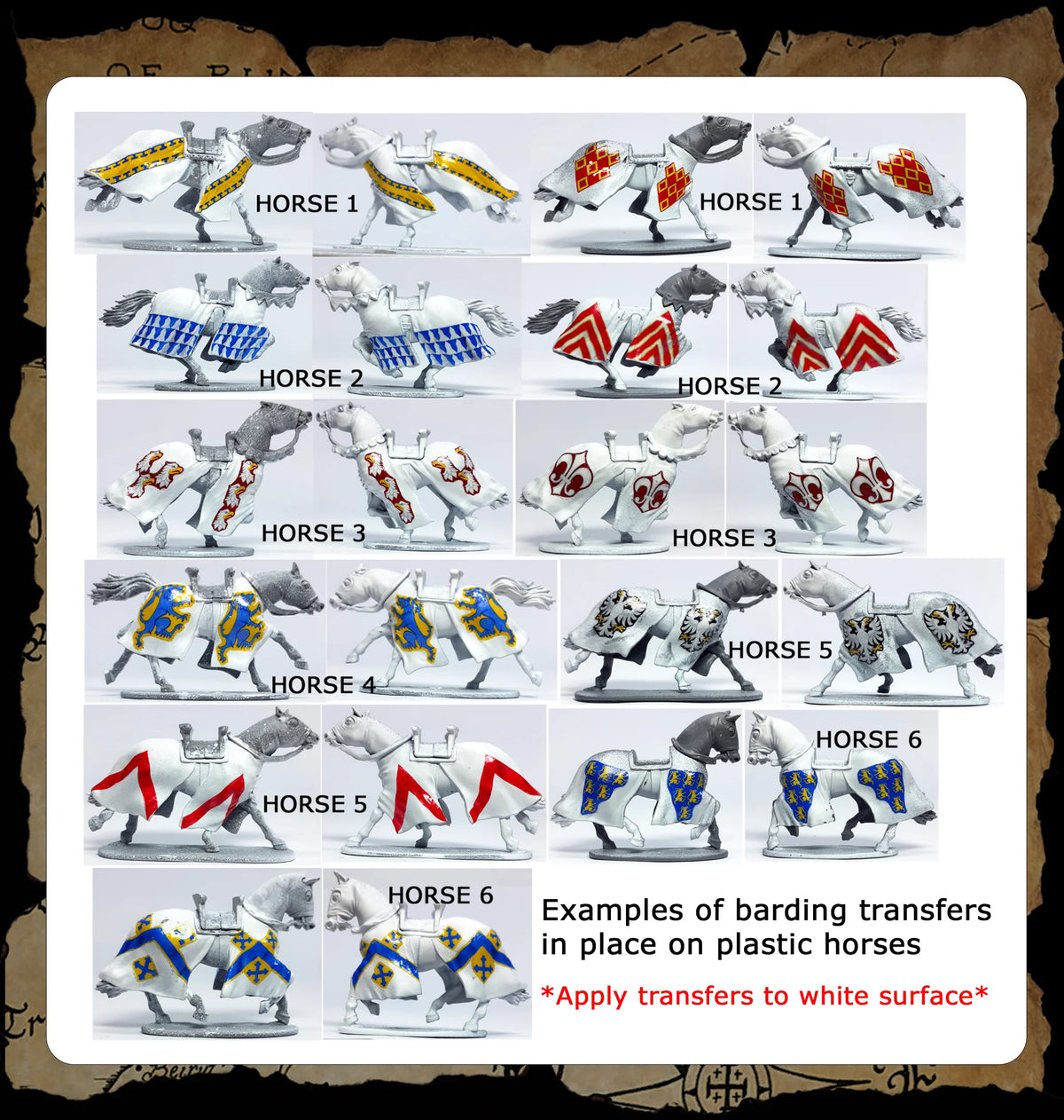 Application guide showing placement of heraldic decal transfers on Victrix 28mm barded plastic horses 

