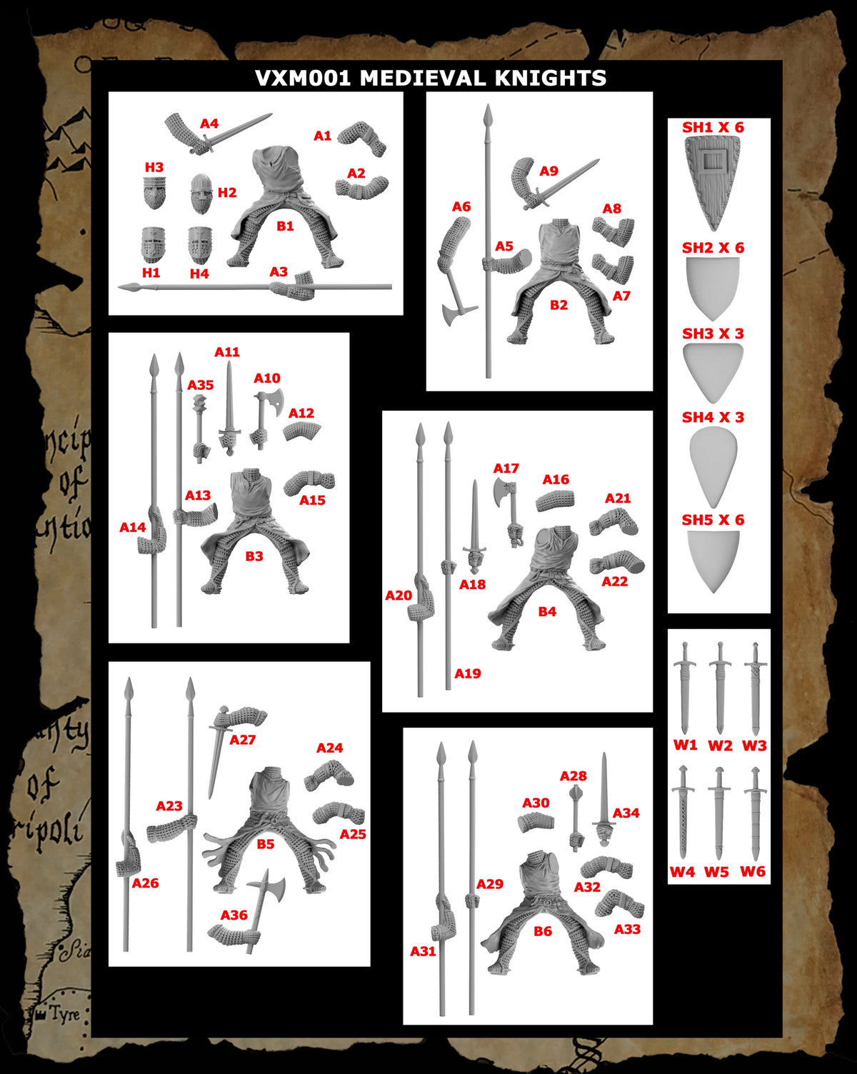 Official assembly instructions diagram showing rider poses weapons lances and shield parts for medieval knights 