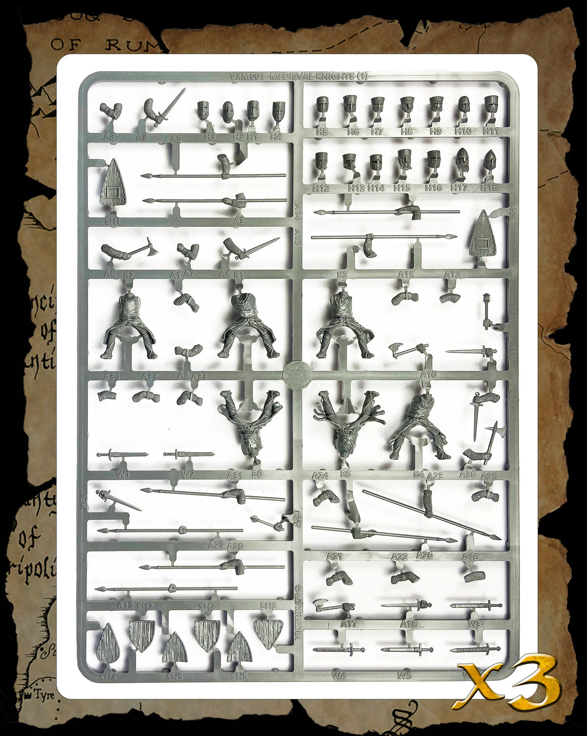Gray plastic sprue showing Victrix 28mm knight rider bodies Great Helms lances swords axes and shields 