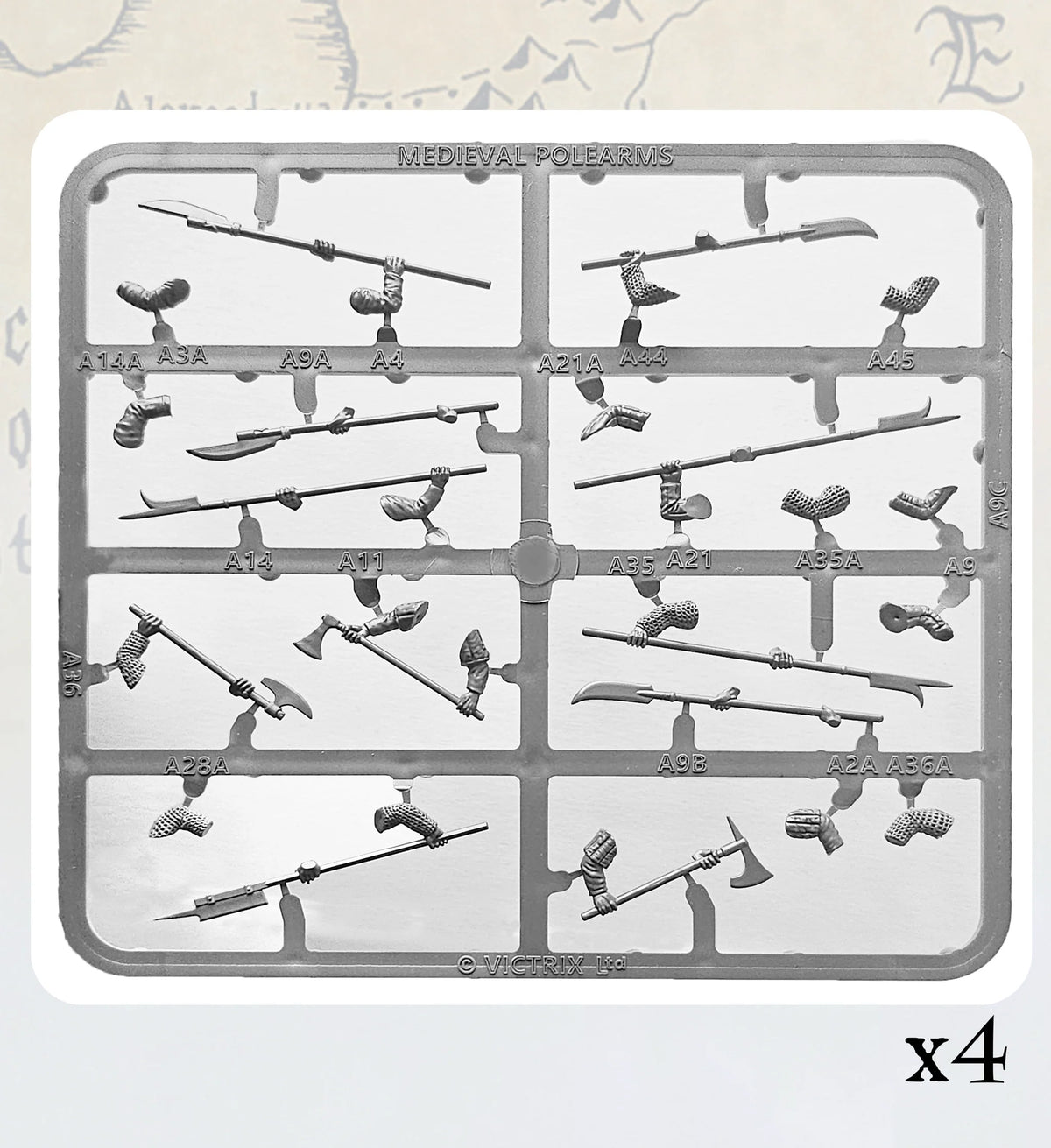 Gray plastic sprue layout showing Victrix 28mm medieval polearms and two-handed axes components 