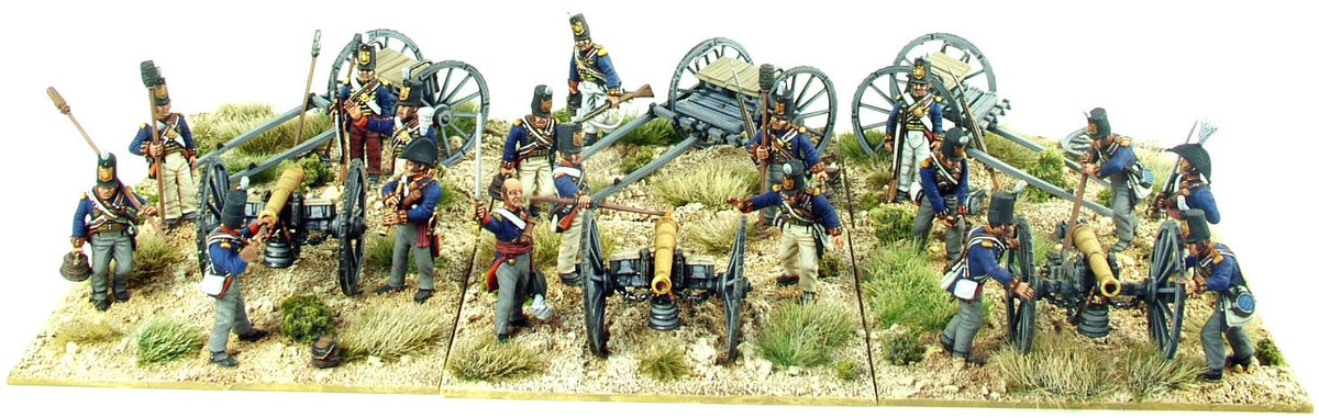 Full painted battery layout of Victrix 28mm British cannons limbers and gunners deployed for battle