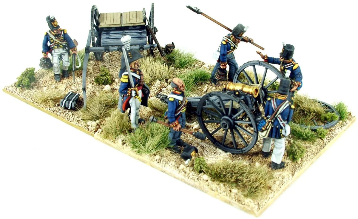 Overhead diagonal view of a painted Victrix 28mm British cannon limber and gun team on scenic base