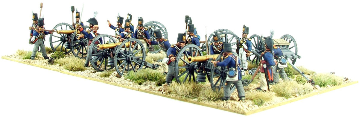 Painted Victrix 28mm British Napoleonic artillery line showing officer with bicorne directing fire