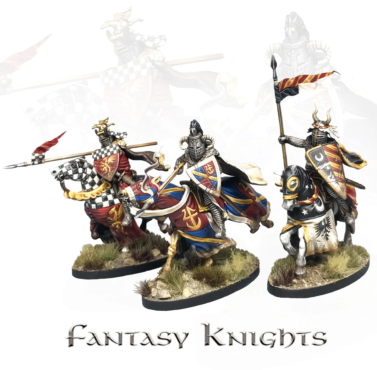 Three painted Victrix 28mm fantasy knights in heraldic surcoats with horned and dragon crested helmets 