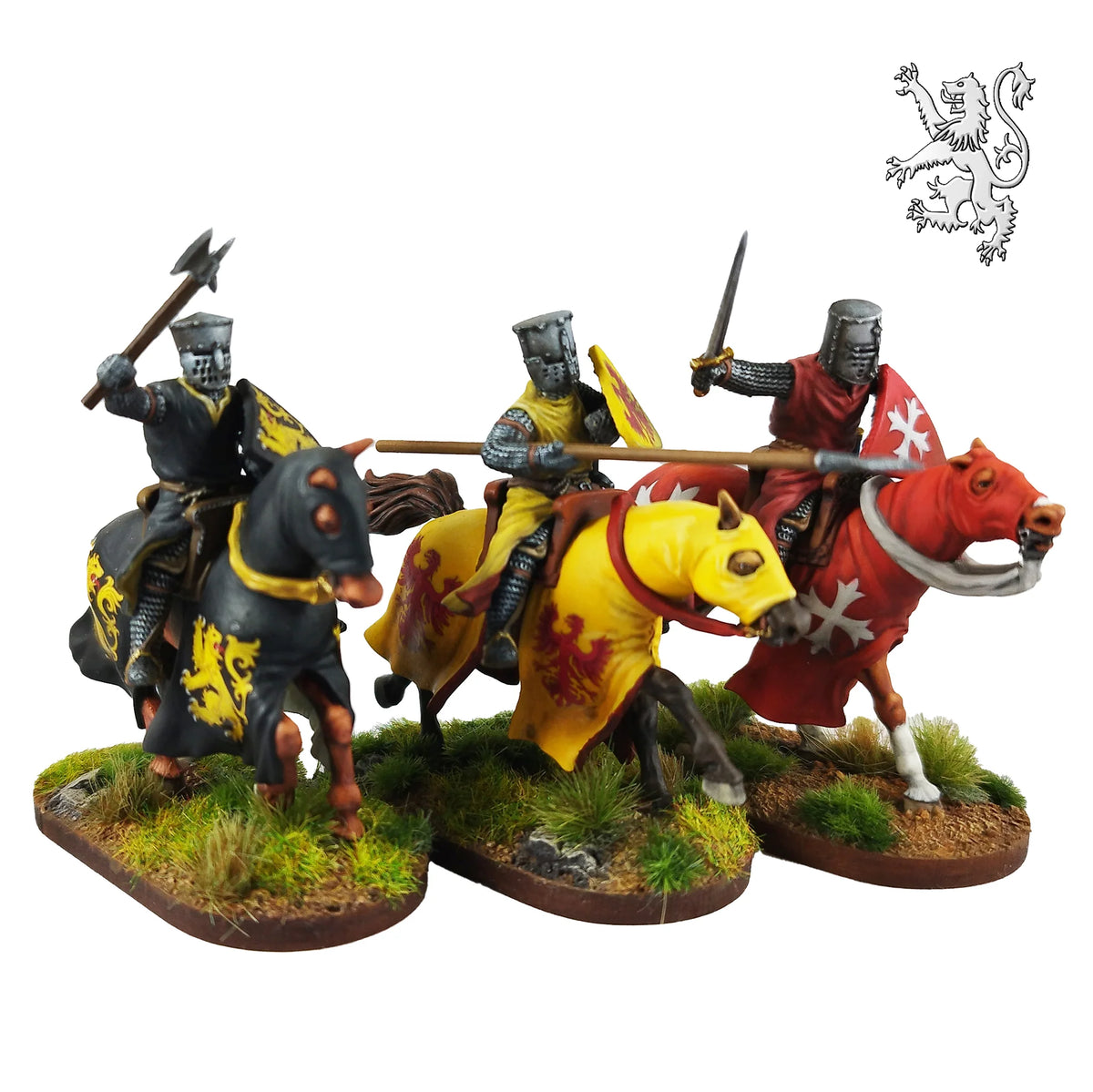 Three painted Victrix 28mm medieval knights charging in black yellow and red heraldic barding with battle axe and lance 