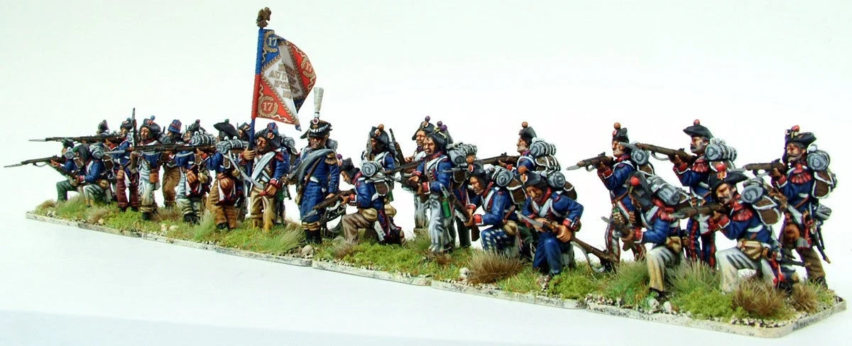 Full painted firing line of Victrix 28mm French Napoleonic infantry in bicornes with standard bearer