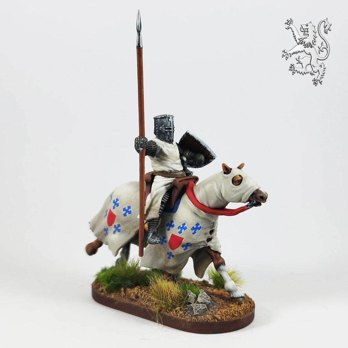 Painted Victrix 28mm mounted feudal knight holding upright lance on white and blue barded horse 