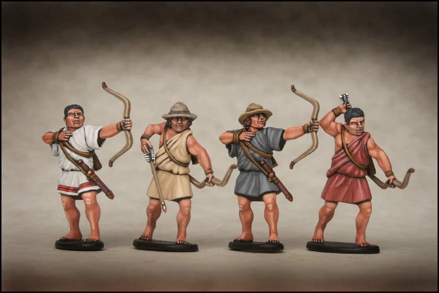 Four painted Victrix 28mm Greek archers drawing recurve bows and reaching for arrows