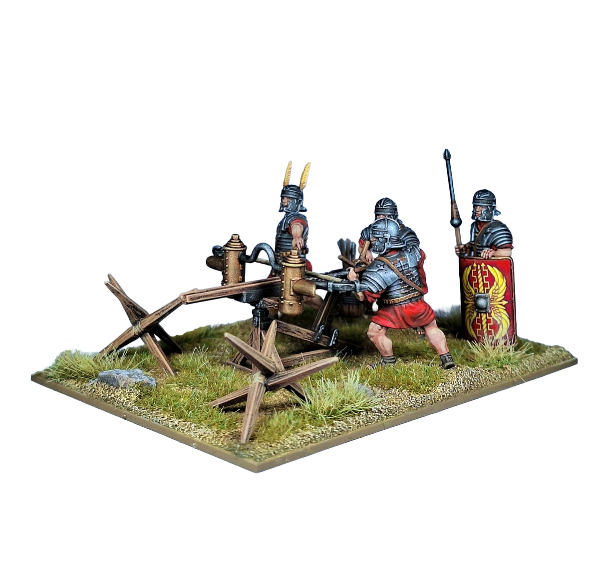 Painted Victrix 28mm Imperial Roman bolt shooter ballista deployed behind caltrops with operating crew 