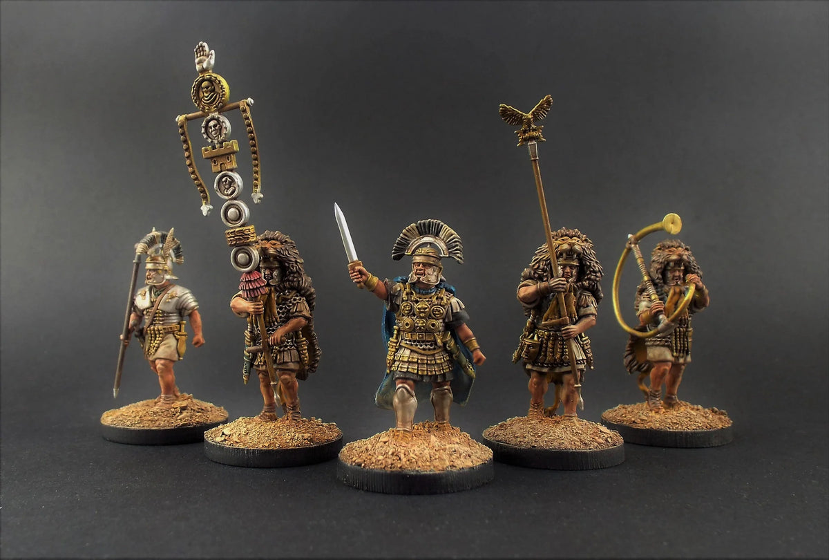 Five painted Victrix 28mm Imperial Roman command figures including centurion aquilifer and cornicen 