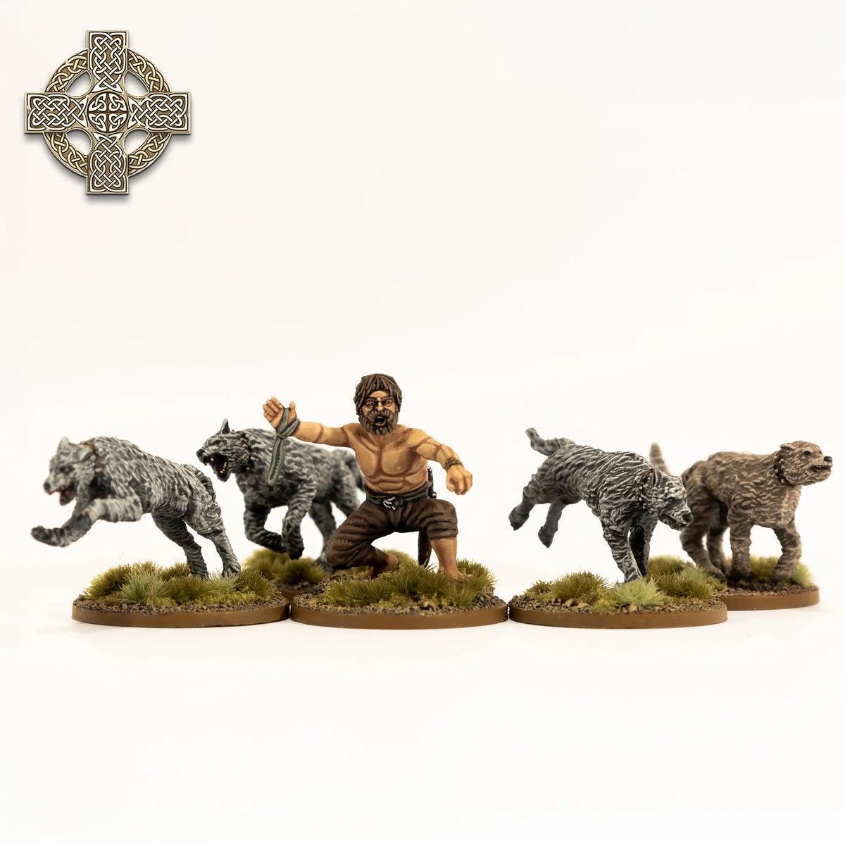 Painted Victrix 28mm Irish dog handler crouching with four leaping gray wolfhounds 