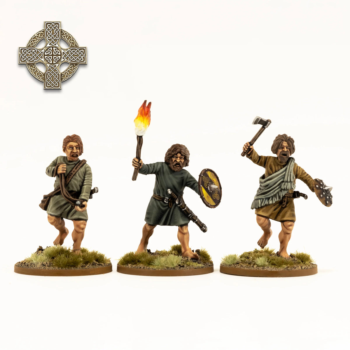 Three painted Victrix 28mm Irish skirmishers with torch hand axe sling bag and buckler shields 