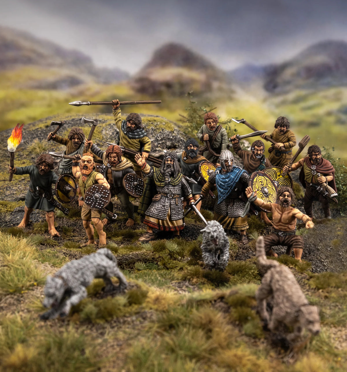 Painted unit of Victrix 28mm Dark Age Irish warriors with wolfhounds in a scenic moorland battle scene 