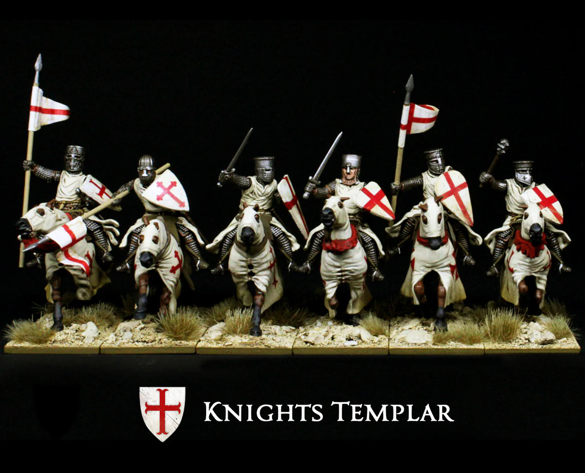 Lineup of six painted Victrix 28mm Knights Templar on barded horses against a dark backdrop 

