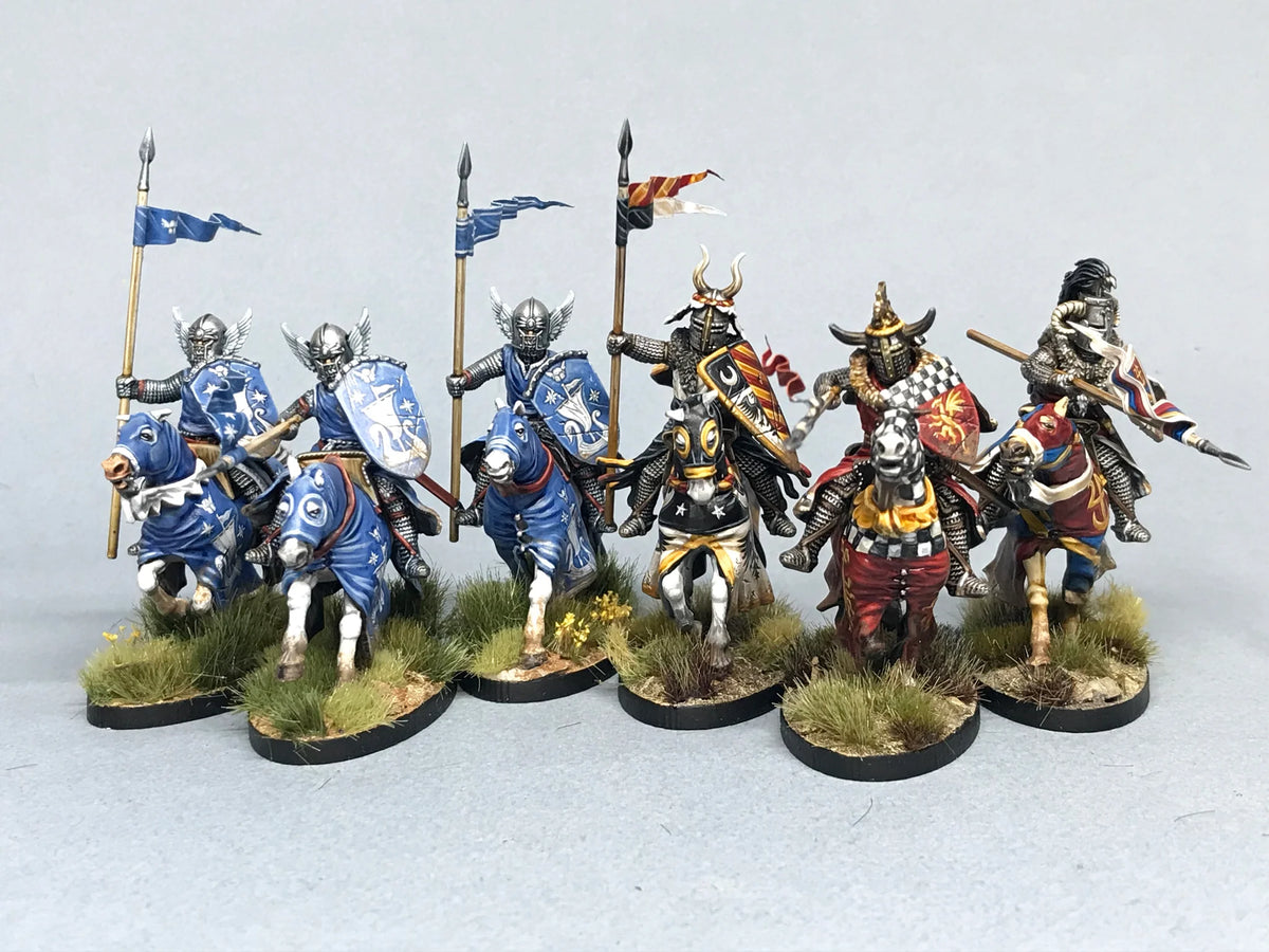 Battle line of six painted Victrix 28mm mounted knights converted with winged barbuta helmets and bards 