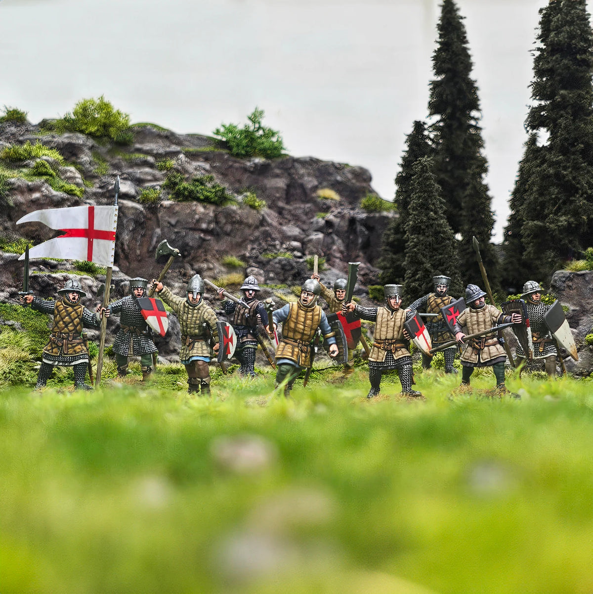Battle formation of painted Victrix 28mm Crusader foot sergeants advancing with cross shields and banner 