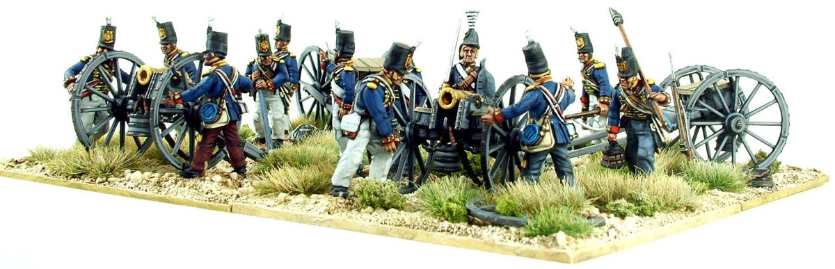 Rear view of painted Victrix 28mm Royal Artillery gunners swiping and loading brass cannons