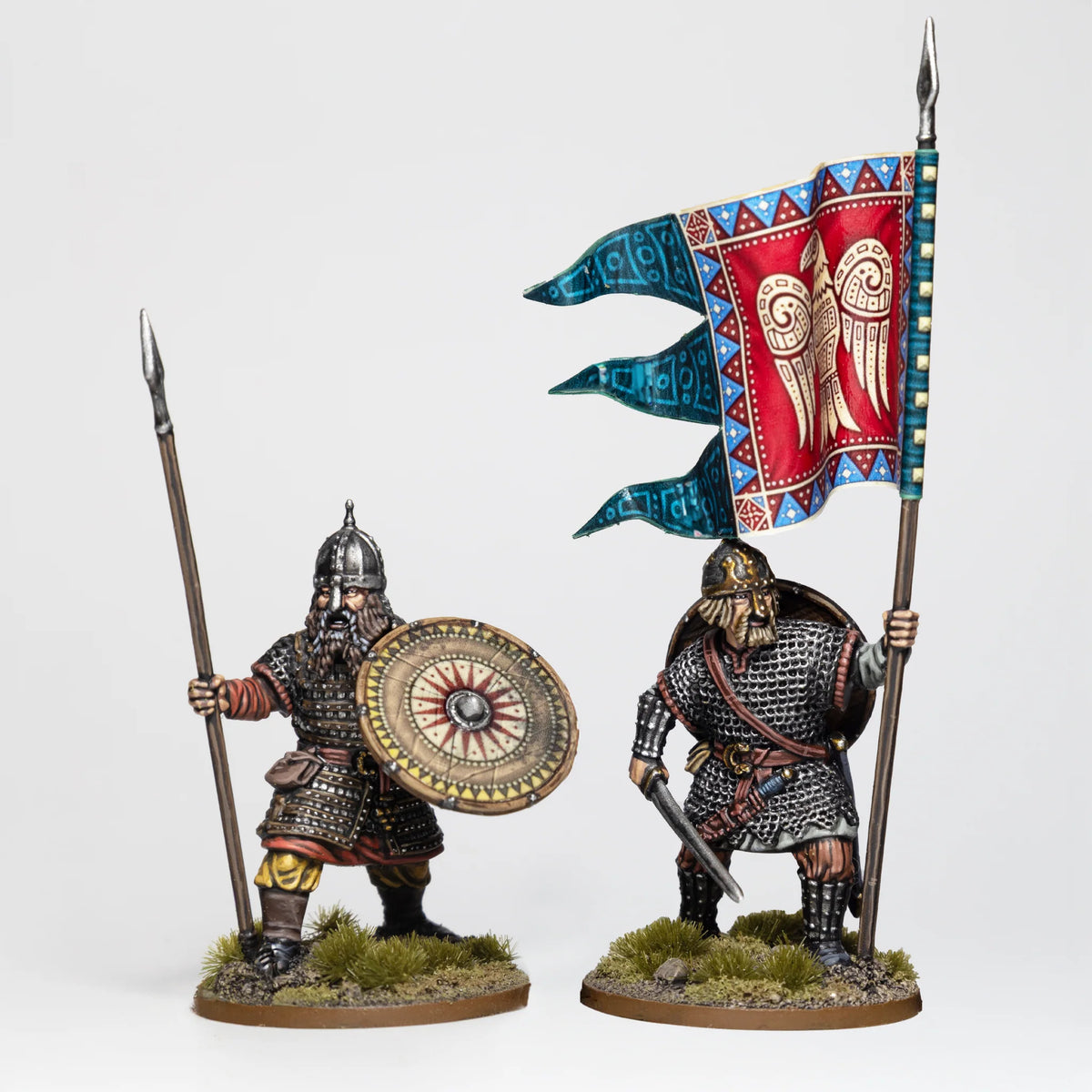 Painted Victrix 28mm Rus infantry standard bearer holding eagle banner beside an armored spearman 