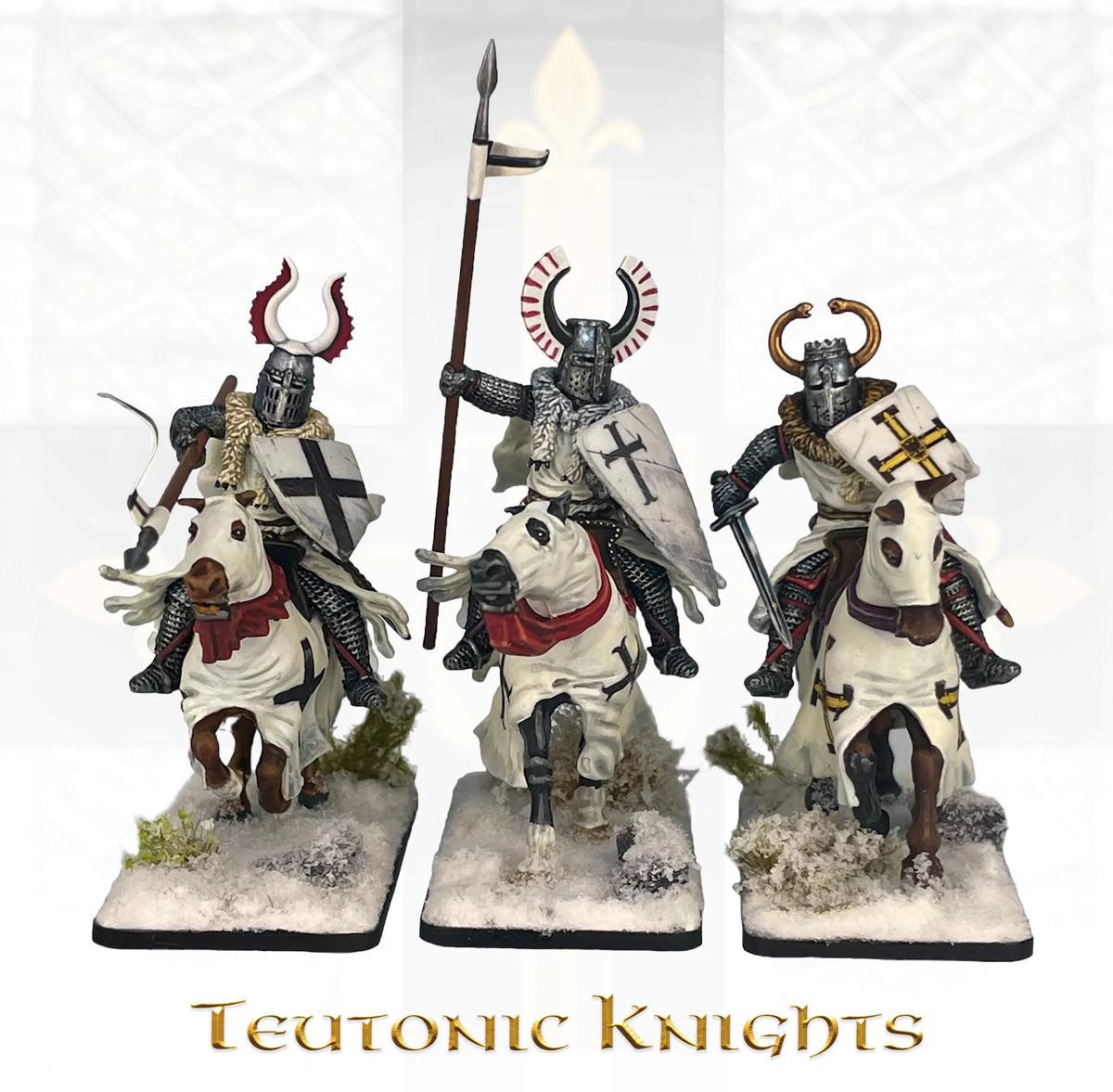 Three painted Victrix 28mm Teutonic Knights with horned and winged Great Helms on barded horses 