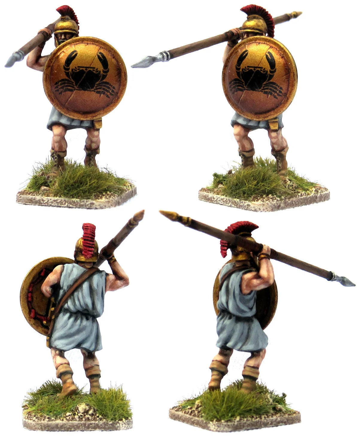 Four views of a painted Victrix 28mm Greek unarmoured hoplite with raised spear and crab crest shield