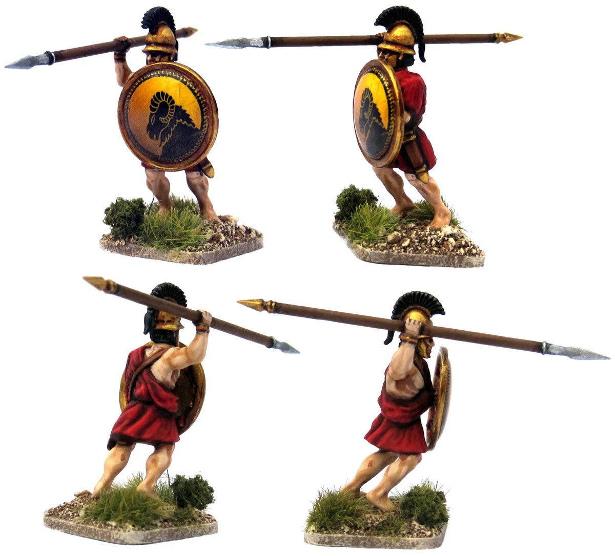 Four angles of a painted Victrix 28mm Greek unarmoured hoplite in red tunic thrusting spear overarm
