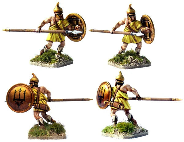Four views of a painted Victrix 28mm Greek unarmoured hoplite thrusting a spear underarm with a trident shield