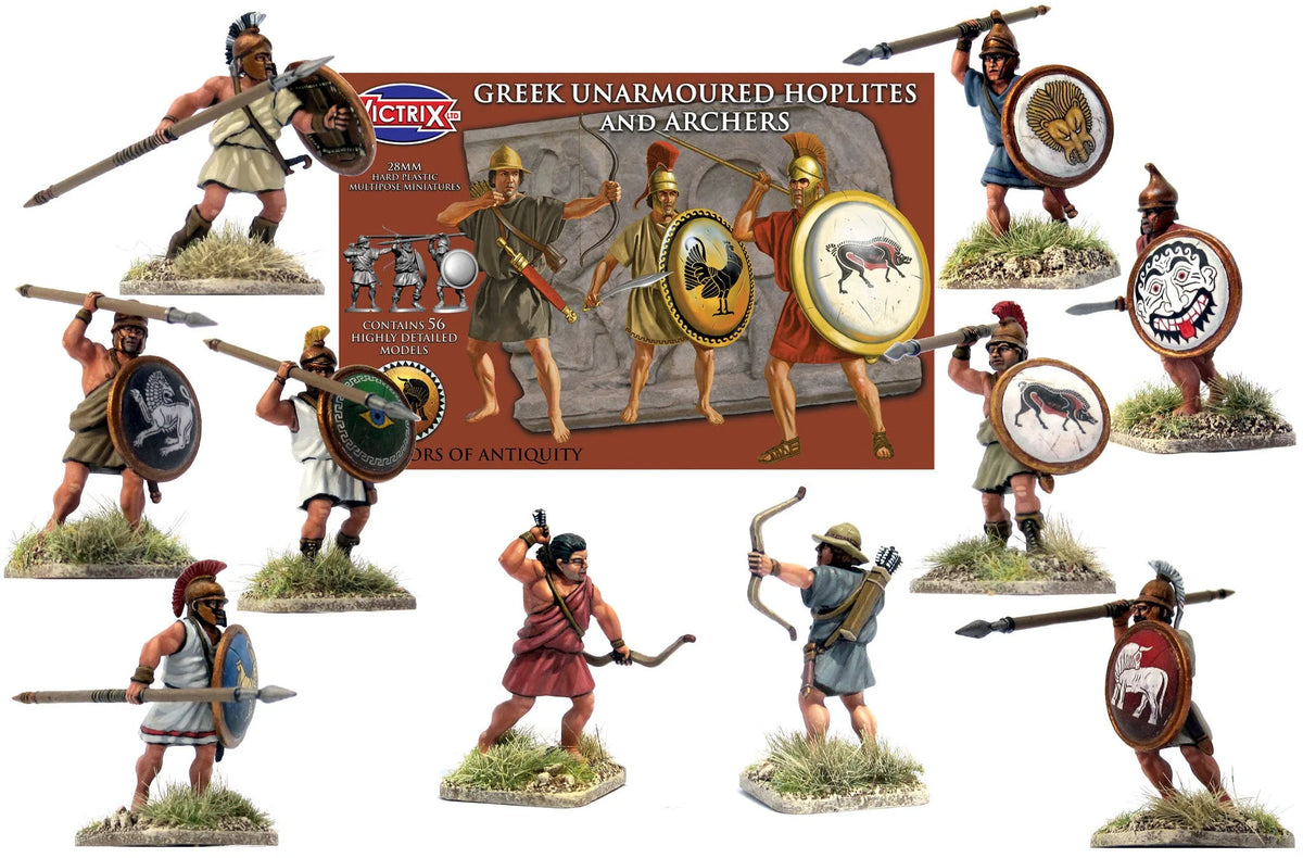 Painted showcase montage of Victrix 28mm Greek unarmoured hoplites and archers with shield designs