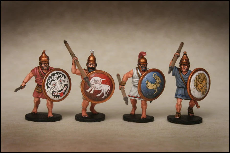 Four painted Victrix 28mm Greek unarmoured hoplites with gorgon bull rooster and lion shields