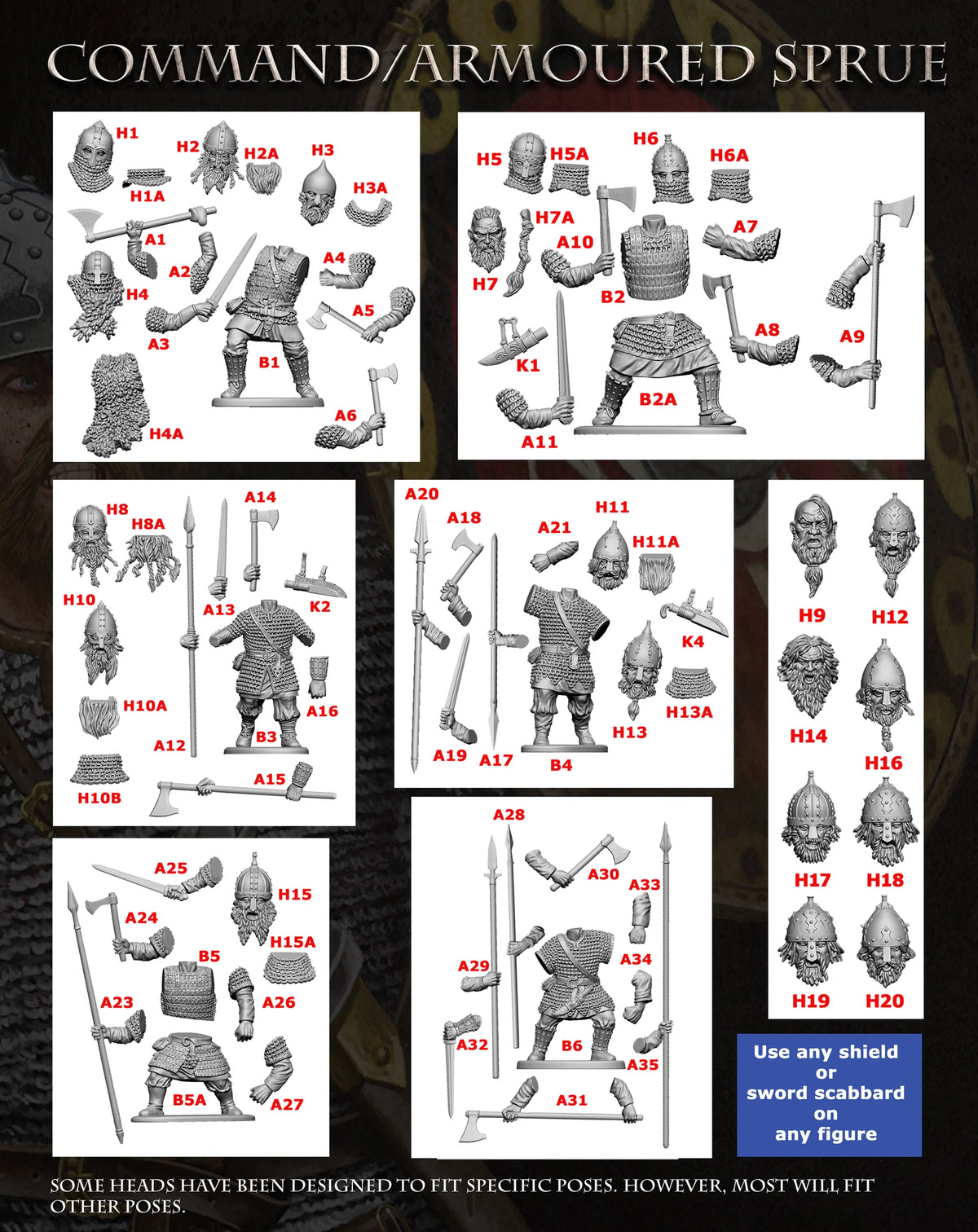 Assembly guide diagram matching armored bodies weapon arms and helmets for Victrix 28mm Rus infantry 