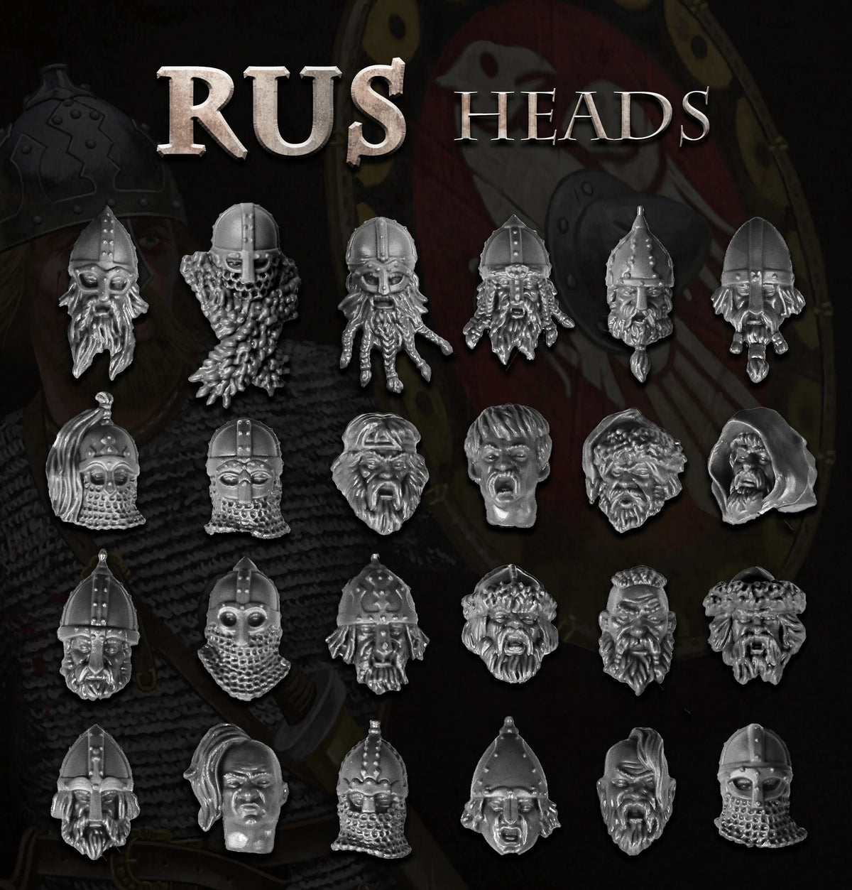 Layout of 24 plastic head sculpts showing helmets fur caps mail aventails and steppe hair styles 

