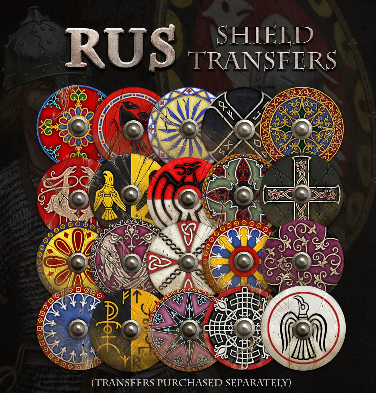 Showcase montage of twenty painted round shield transfers with birds knotwork and sunburst designs for Rus infantry 